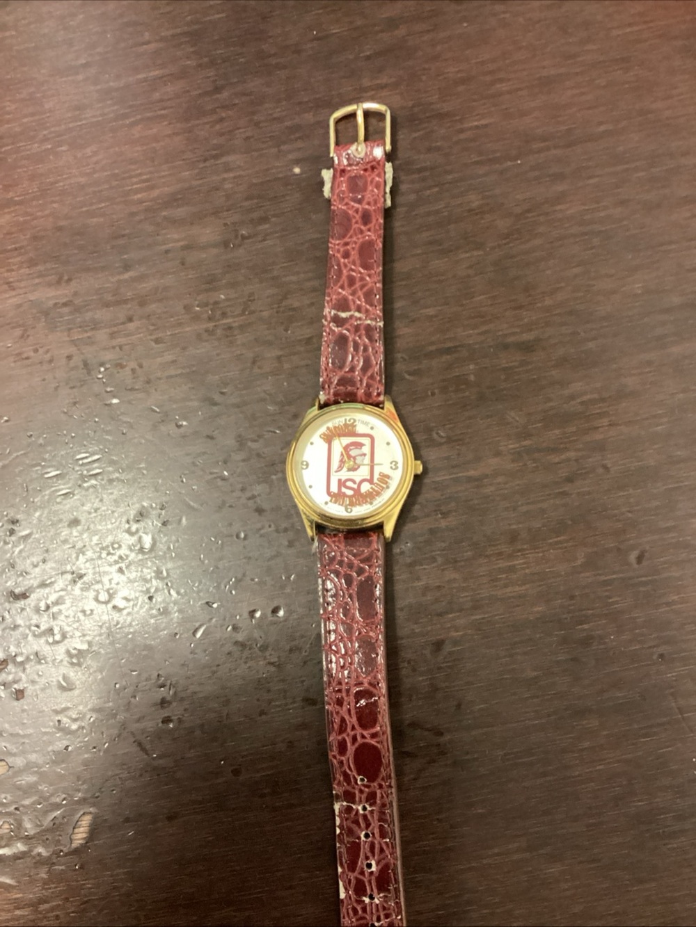 USC Branded Gold-Tone Watch with Burgundy Leather Strap